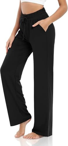 VIGVAN Jogginghose Damen Baumwolle Freizeithose Yogahose Weites Bein Aktive Freizeit Kordelzug Lose Lounge Pants Breites Bein Hausehose Sporthose mit Taschen (Schwarz, L)