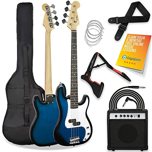 3rd Avenue Pack de bajo eléctrico de tamaño estándar 4/4 para principiantes de 3rd Avenue con amplificador de 15 W, afinador, funda de transporte, cable, correa, soporte y cuerdas de repuesto, Azul