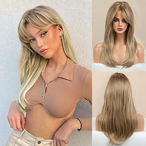 Honygebia Perücke Dunkelblond mit Pony - Dark Blond Perücken für Damen, Lange Gerade Gewelltes, Frauen Natürliche Realistisches Synthetische Hitzeresistente Haar für Karneval/Kostüme