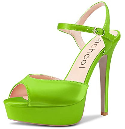 Aachcol Mujer Aguja Alto High Heel Abierta Punta Plataforma Sandalias Correa Tobillo Slingback Dress Zapatos de Boda Fiesta 13 CM Verde Lima Satín 37 EU