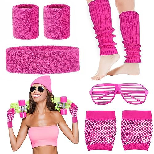 8Pcs Women Ladies 80s Accessories, Pink 80s Fancy Dress Accessories for Women Girls with Leg Warmers 80 Wristband Leg Gloves Headband Glasses World Book Day Fancy Dress
