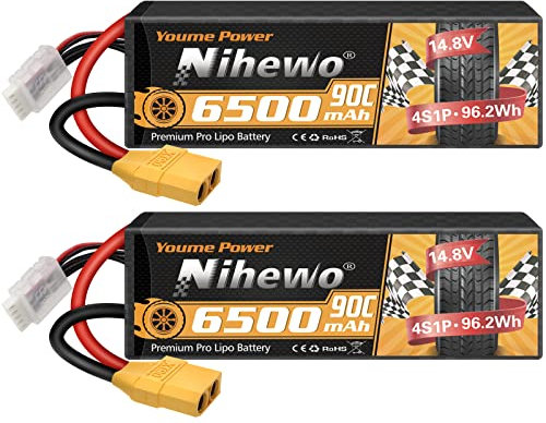 2Packs 4S Lipo Akku, Nihewo 14.8V RC Akku 6500mAh 90C Hard Case Lipo Akku XT90 Stecker Kompatibel mit 1/5 1/6 1/7 1/8 RC Auto LKW Fahrzeuge Truggy Buggy Modelle
