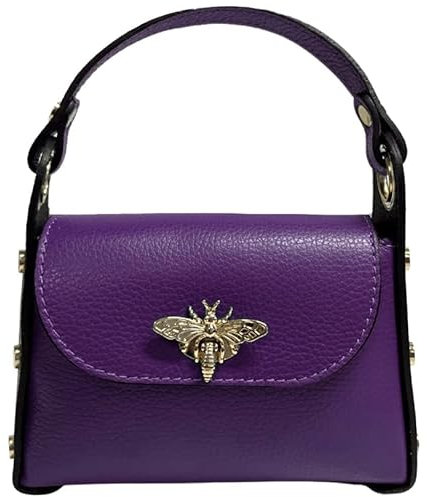 Modarno mini borsa in Vera pelle dollaro con chiusura a moschettone a forma di ape, borchie laterali, catena metallica rimovibile, manico in pelle (Viola)