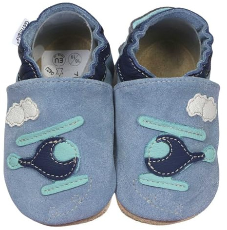 HOBEA-Germany Krabbelschuhe für Jungs und Mädchen in verschiedenen Designs, Kinderhausschuhe Jungen, Lederschuhe, Schuhgröße:16/17, Modell Schuhe: Hubschrauber hellblau