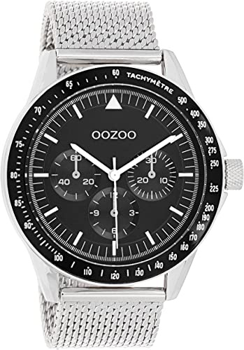 Oozoo Timepieces Herren Uhr in Silber Schwarz| Armbanduhr Herren mit Mesh Metallarmband | Hochwertige Uhr für Männer | Edle Analog Herrenuhr in rund C11113