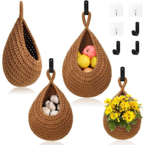 Hanging Fruit Baskets for Kitchen - 3 Pack Boho Wall Hanging Basket with 6 Pcs Strong Hooks, Handwoven Hanging Holder Teardrop Home Produce Basket for Fruits Vegetable Potato Onion Storage (Linen)