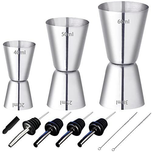 RUIJIE® 3 Pcs Vaso Medidor Cocktail Double Cara Acero Inoxidable 20ml,25ml,30ml,40ml,50ml,60ml Vaso Medidor para Cócteles Jigger de Cóctel y 4 Pcs Licor Pourer y 2 Pcs Cepillo de Limpieza Corto