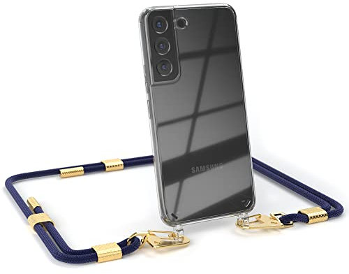EAZY CASE - Handykette mit Karabiner kompatibel mit Galaxy S22 5G - Hülle Silikonhülle Fallschutz transparente Handyhülle Kette zum Umhängen Schutzhülle in Nacht Blau - Clips Gold