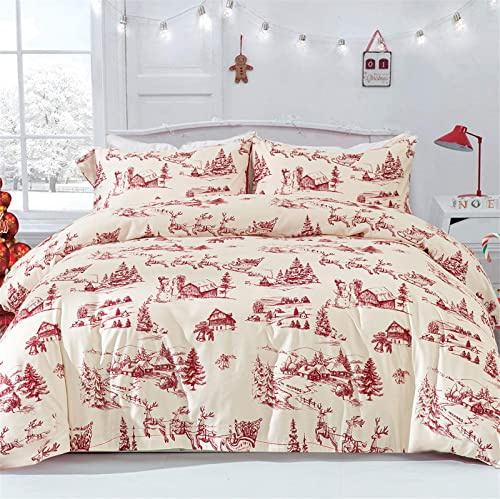 Christmas Duvet Cover Set Christmas Tree Snowman Village Duvet Cover Soft Microfiber Bedding Set,2 Pillowcases and Zipper Closure,King Size 220x230cm