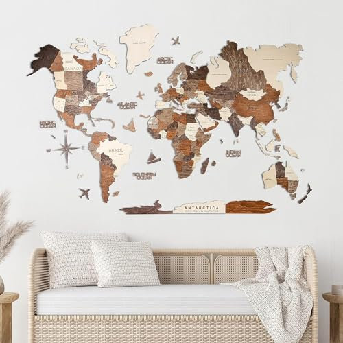 Enjoy The Wood Mappa Mondiale in Legno 3D Arte da Parete Grande Decorazione da Parete Idea Regalo per Inaugurazione Casa Mappa Mondiale in Legno per Viaggi (Multicolor, X-Large)