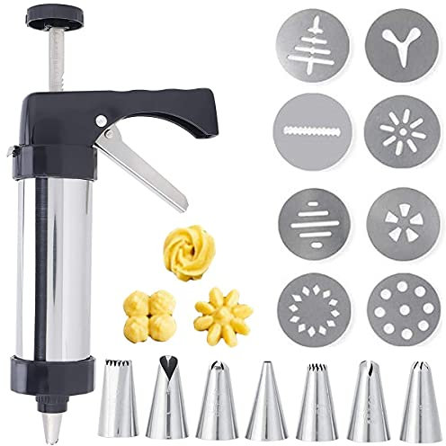 DBAILY Plätzchenpresse Edelstahl Gebäckpresse Gebäckspritze Kekspresse Kekshersteller Kuchen Dekorations Werkzeuge DIY Backzubehör mit 8 Schablonen und 8 Tüllen für Variantenreiches Spritz-Gebäck