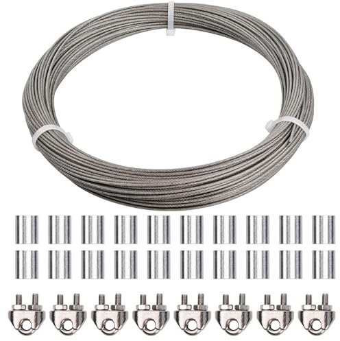 50m Stahlseil 3mm, Edelstahlseil Drahtseil PVC Ummantelt mit 8 Drahtseilklemme, 20 Aluminiumhülse, 167kg Belastbarkeit Drahtkabel 7x7, Aufhängedraht Edelstahldrahtseil Wäscheleine (Silber-2mm)