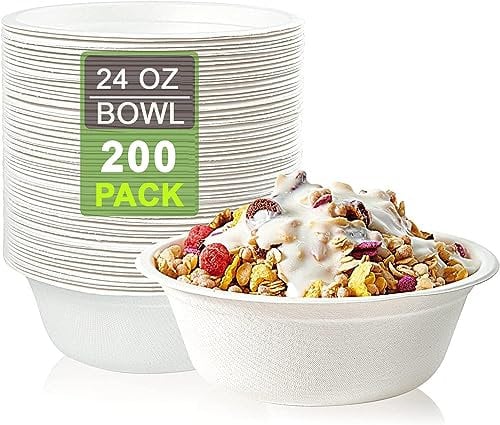 200 Pack - 24 Oz/750 ml, Super Rigid Bagasse Bowls, Biodegradable and Compostable, Eco-Friendly White Sugarcane Paper Bowls Perfect for Milk Cereals Snacks Salads Picnics & BBQ Parties