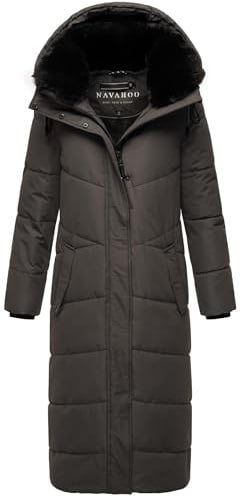 Navahoo Damen Wintermantel warmer Steppmantel extralang mit abnehmbarer Kapuze Hingucker XIV Anthracite Gr. L