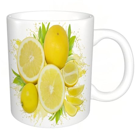 DHAEY Original Becher - Teetasse als Geschenk für Ihre Lieben - gelbe Zitrone auf weißem Hintergrund Kaffeetasse aus feinem Porzellan - 330 ml 8 x 8,5 cm