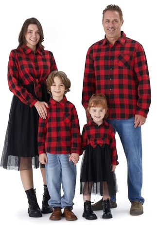 PATPAT Tenue de famille assortie, robes pour maman et moi, ensemble assorti, robe en tulle à manches longues, chemise boutonnée à carreaux de buffle, rouge, 6-9 mois