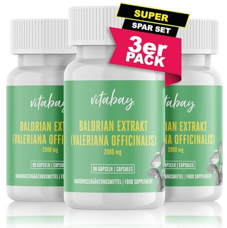 Vitabay Baldrian Extrakt 2000 mg (4:1) • 270 vegane Kapseln • Hochdosiert • Bioverfügbar • Reine Rohstoffqualität • Geballte Pflanzenkraft • Made in Germany