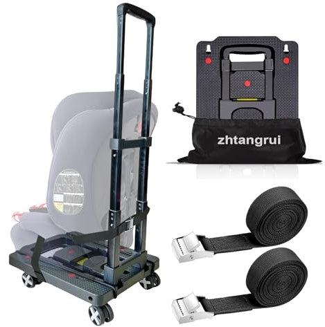 Autositz Dolly für Flughafen – CarSeat Rollwagen Räder für Flugzeug – Autositz Reisewagen Träger mit Gurten Trolley Faltbarer Gepäckwagen (Schwarz)