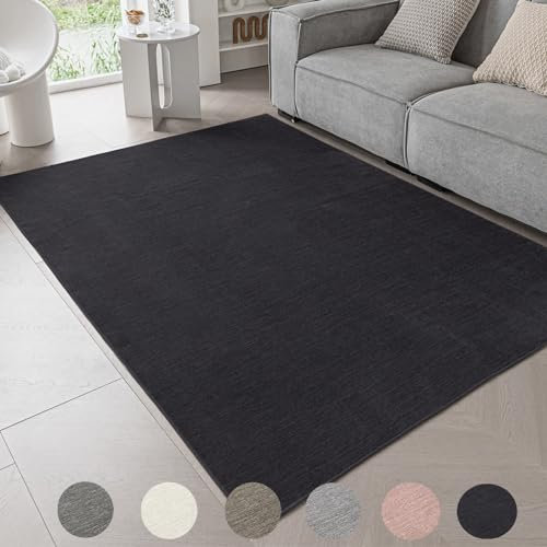 Ceneco Teppich Schwarz, Kurzflor Teppich Wohnzimmer, rutschfeste Waschbare Teppiche Schlafzimmer, Weicher Teppiche, Chenille Tepich Kinderzimmer, Dünner Teppisch Lounge (Schwarz, 120×160cm)