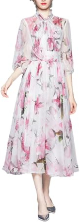 Pulcykp Women Vacation Dress Bow Tie Floral Print Dresses Half Sleeve Flowy Chiffon Midi Dress White Lily 2XL