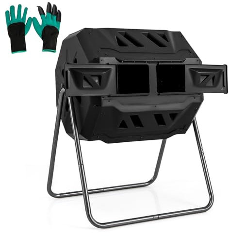COSTWAY Composteur de Jardin 160 L à Double Chambre, Bac à Compost Cadre en Métal Rotatif 360° avec 2 Portes Coulissantes Trous Aération, sans BPA pour Déchets de Cuisine Cour (Noir)