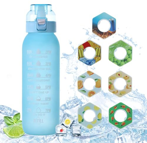 Luft Wasserflasche,mit 7 Geschmack Kapseln,1000 ML Wasserflasche/Trinkflasche/Sportflasche,Große Kapazität,BPA Frei,0% Zucker, für Fitness und Outdoor (C)