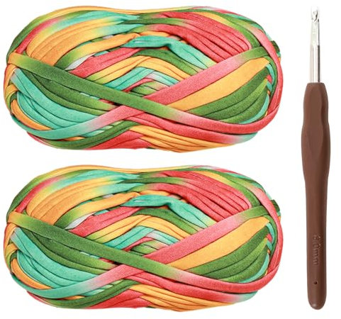 T-Shirt Garn, Bändchengarn zum Häkeln und Stricken Textilgarn 2 x 100g Dickes Polyester-Garn mit einer 6-mm-Häkelnadel für Häkeltaschen, Körbe, Teppiche, Heimdekoration und DIY-Kunsthandwerk (Rot)