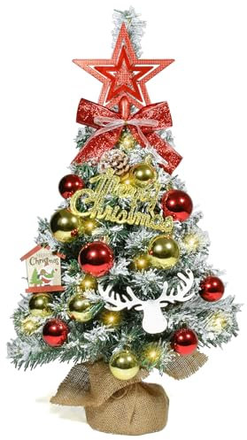 Weihnachtsbaum Künstlich Klein 60cm, Mini Christbaum mit 40 warmweiß LEDs, Weihnachtskugeln Sternbaumspitze Weihnachtsdeko, Tannenbaum für Weihnachtsdeko Innen Büro Weihnachten Advent, Rot Gelb