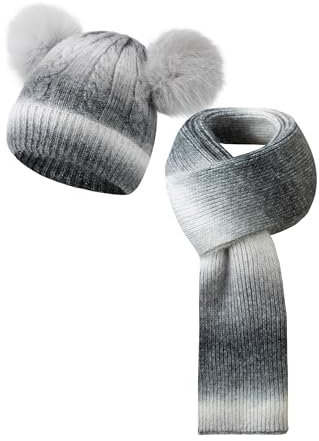 SERENYOU Kinder Winter Mütze Schal Set Jungen Mädchen Doppel Pompon Mütze mit dicken gestrickten warmen Schal Grau