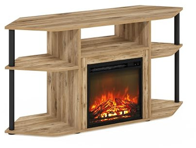 Furinno Jensen Cheminée d'angle ouverte avec poteaux en plastique pour TV jusqu'à 140 cm, chêne/noir