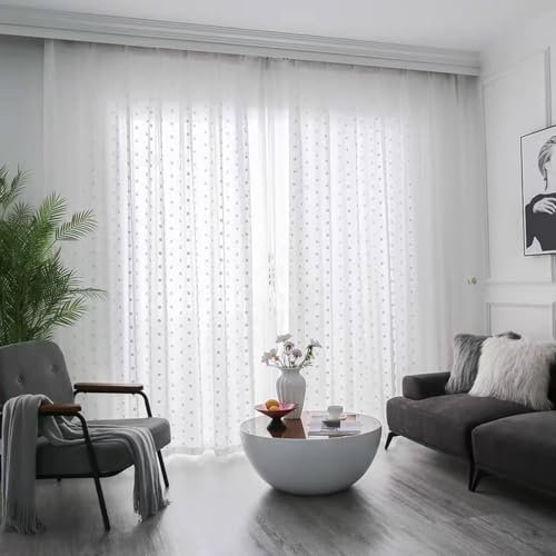 Rideau Cuisine Japonais Voilage Blanc 2 Panneaux Fils à Pois 86L x 160H cm Voilages Intérieurs Voilages Intérieurs
