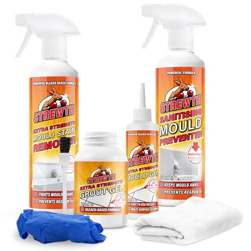 Strewth - Mould Remover and Prevention Kit | Long-term Solution To Mould, Dual-Action Remover/Preventer Sprays and Grout Gel (2 x 500ml, Cloth and Gloves)
