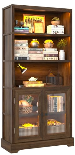 TVU 5-Tier Bookshelf, 65 Bookshelf with Multi-Color Ambient Lights (APP Remote Control), Tall Display Shelf with Cabinet Doors, Suitable for Living Room, Bedroom, Study, Office, Rustic Brown