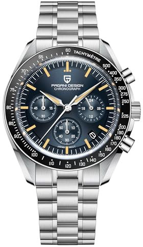Pagani Design 1701 Herren Professionelle Chronograph Japan VK63 Quarzwerk Mond Armbanduhr Edelstahl 100M Wasserdicht Casual Analog Uhr Datum, Grau/Blau, Armband