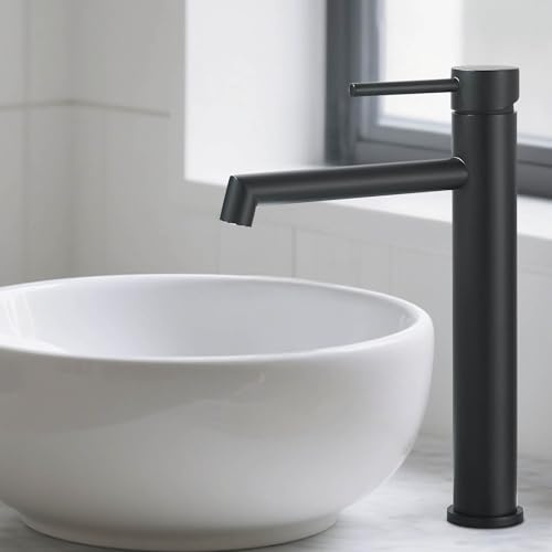 Zamery Waschtischarmatur Schwarz Matt Hoch Wasserhahn Bad Badezimmer Waschbecken Armatur Edelstahl Einhebelmischer mit Auslaufhöhe 200 mm für Waschbecken Waschtisch Badezimmer, Gäste-WC