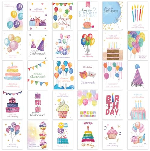 30 Geburtstagskarten | Glückwunschkarten zum Geburtstag mit Kraft Umschlägen | Set Glückwunsch Karten Happy Birthday mit 30 verschiedenen Designs | Aquarell Klappkarten Geburtstag für Familie Freunde