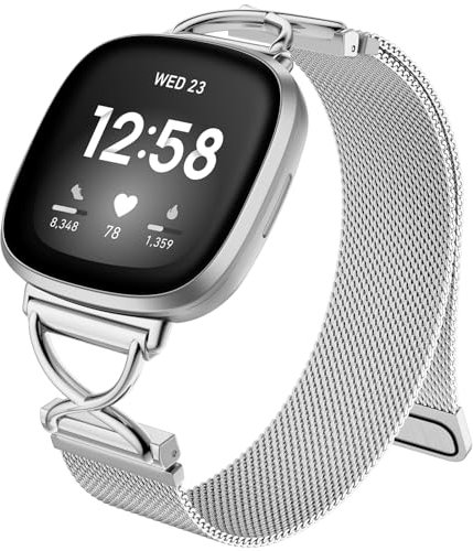 Charlam Metallarmband Kompatibel mit Fitbit Versa 4 Armband, Versa 3 Armbänder für Damen, Magnetisch Verstellbares Edelstahl Ersatzarmband für Fitbit Sense, Sense 2 Armband, Silber