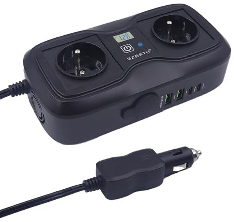 SZSSTH 200W Wechselrichter 12v auf 230v, Spannungswandler Auto Steckdose 2 USB-A/2 Typ-C (5V 3A), Stromwandler mit Zigarettenanzünder Steckdose Power Inverter für Handys, Laptops, Campen, Reisen