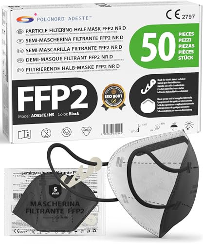 ADESTE - 50 Mascherine FFP2 NR D Nere Certificate CE, Filiera controllata, anallergiche, con elastici comodi e resistenti. Sicura: capacità filtrante >99,5%, Buste singole sigillate