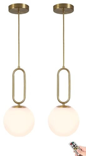 Juego de 2 lámparas colgantes inalámbricas recargables por USB, modernas lámparas colgantes de globo dorado con temporizador remoto, perfectas para iluminación de dormitorio, cocina, isla, comedor.
