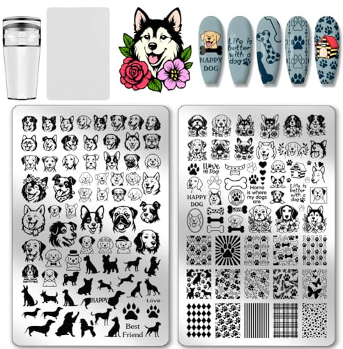 PH PandaHall Dog Nail Plates Stamping 2pcs Cute Dogs Pattern Print Art Template Stainless Steel Nail Image Plate Dog Paw Nails Stencil Set for Dog Lover Manicure Decor 14.5x9.5cm