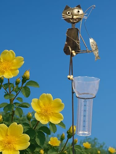 Pommerntraum ® | Regenmesser Niederschlagsmesser Pluviometer Gartendeko Gartenstecker Gartenfigur Katze Kater angelt Fisch