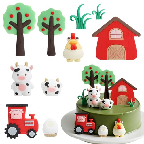 Bauernhof Tierkuchen Dekoration Traktor Bauernhof Tortendeko Set - 10 Stücke Traktor Tortenaufleger & Bauernhof Deko - Kuchen Deko für Kindergeburtstag Bauernhof Thema Torte mit Tieren & Haus Figuren