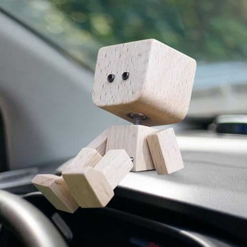 Valicaer Wackelnder Holzfigur Männchen,Handgefertigte Auto Armaturenbrett Dekoration mit lustigem Wackelkopf, kreative Holz Autoornamente, Geschenk für Männer, Schreibtisch und Büro (Holzfiguren B)