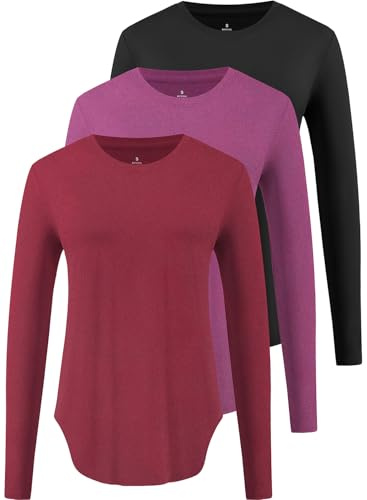 Star Vibe 3 Pack Long Sleeve Tops Women Ladies Sports Yoga Top Long Sleeve T Shirt Gym Wear Running Clothes Women Black/Dark Purple/Wine L