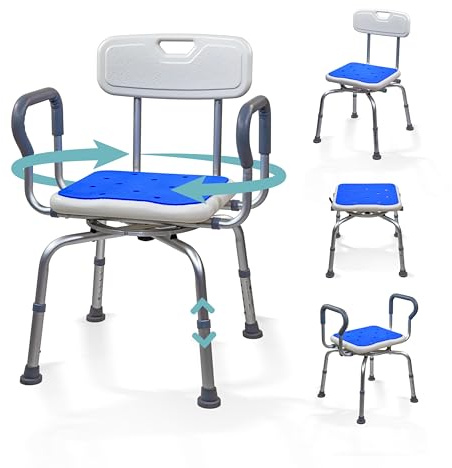 Mobiclinic®, Chaise de Douche Pivotante à 360°, 4 en 1, Accoudoirs et Dossier, Hauteur Réglable, Assise avec Coussin EVA, Embouts Antidérapants, Aluminium, Personnes Âgées à Mobilité Réduite, Akila