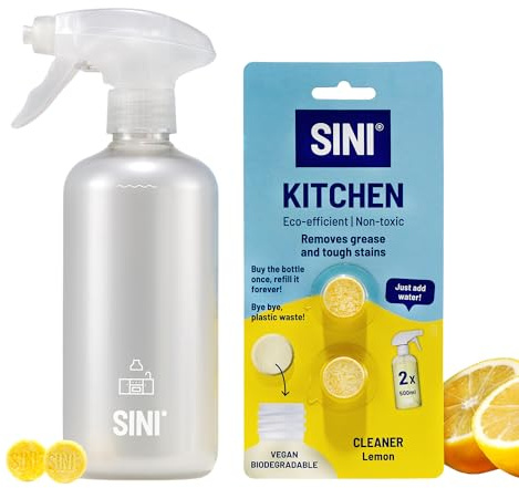 Kitchen Cleaner Spray Kit | Antibacterial Degreaser | Non Toxic, Streak Free | Reusable Cleaning Spray and Biodegradable Tablets for Stove, Worktop | Citrus Lemon Scent
