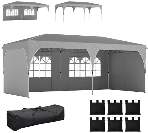 Outsunny Gartenpavillon 3 x 6 m Pop-up-Zelt, höhenverstellbar, wasserdicht, UV50+ Schutz, zusammenklappbarer Pavillon mit 4 Seitenwänden, 6 Sandsäcken, Tragetasche, einfache Montage, grau