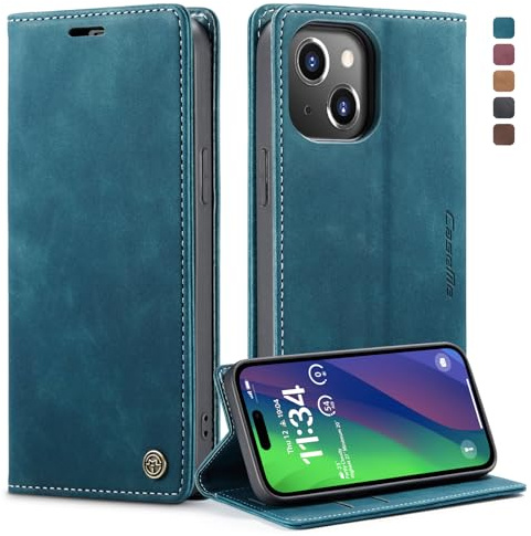 KZB für iPhone 15 Hülle, Magnet Leder Klapphülle Stoßfest | Retro PU Leder, 2 Kartenfach, Standfunktion, Schutzhülle, Flip Case, Handyhülle für iPhone 15 6,1'', Blaugrün