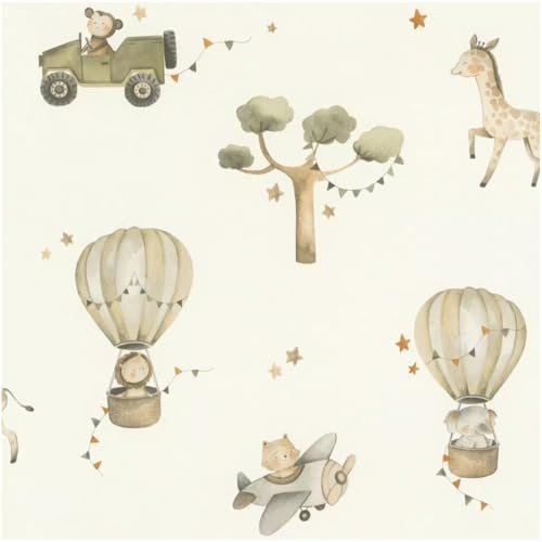 YöL Kids Wallpaper Safari Animals and Hot Air Balloons Green Beige Nursery Wallpaper with Watercolour Jungle Adventure Design for Baby Bedroom Playroom Feature Wall Non Woven Wallpaper